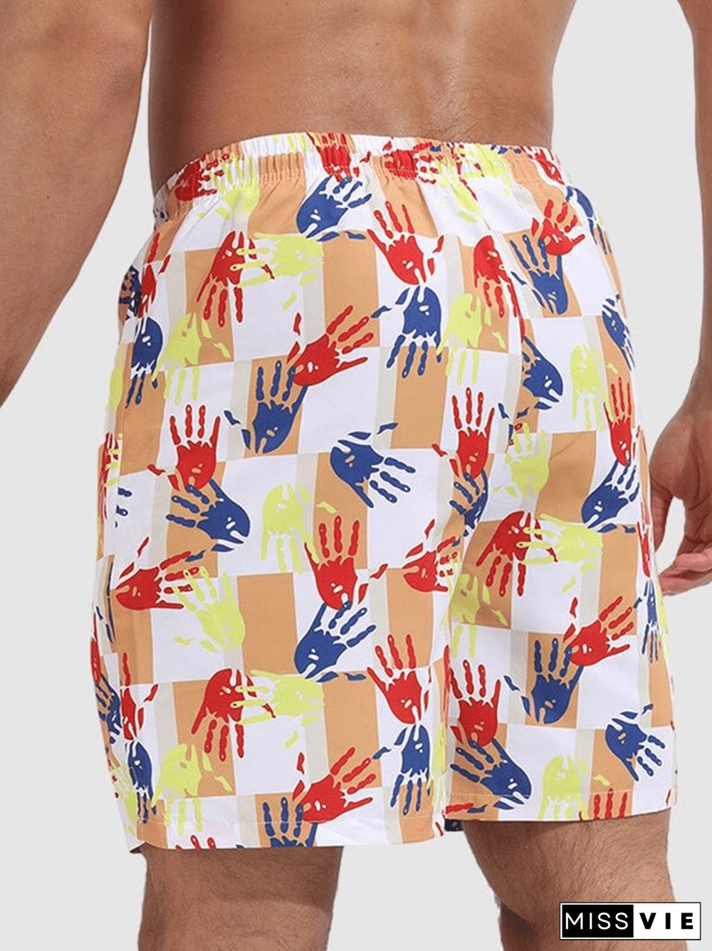 Men's Resort Double Layer Graffiti Palm Print Beach Pocket Shorts