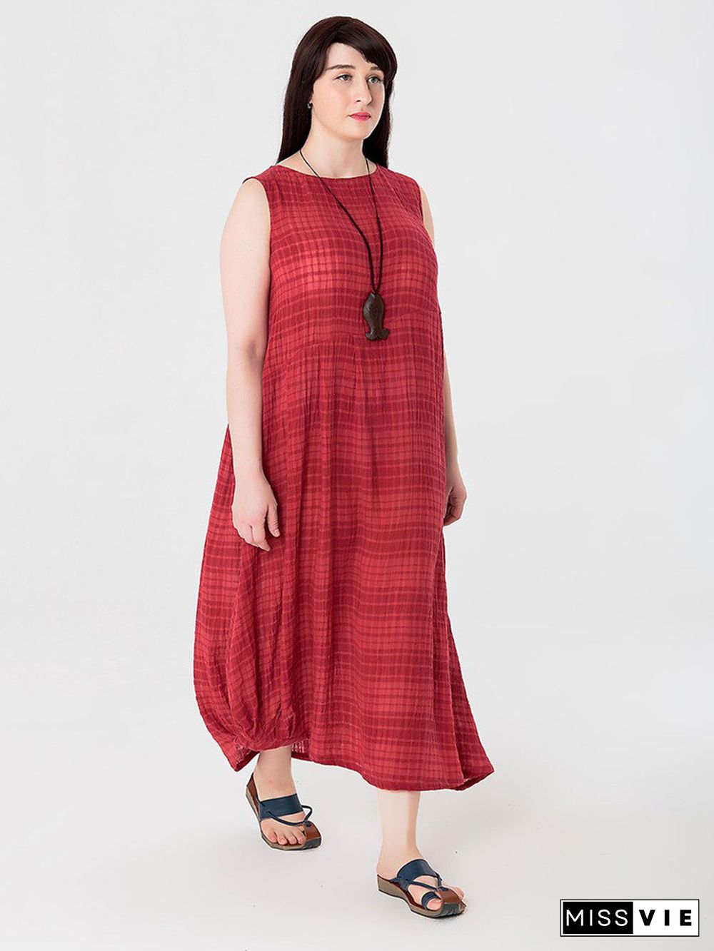 Plus Size Women Summer Plaid Cotton Linen Vest Dress