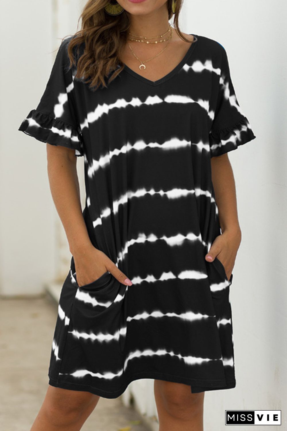 Casual Print Pocket V Neck A Line Dresses