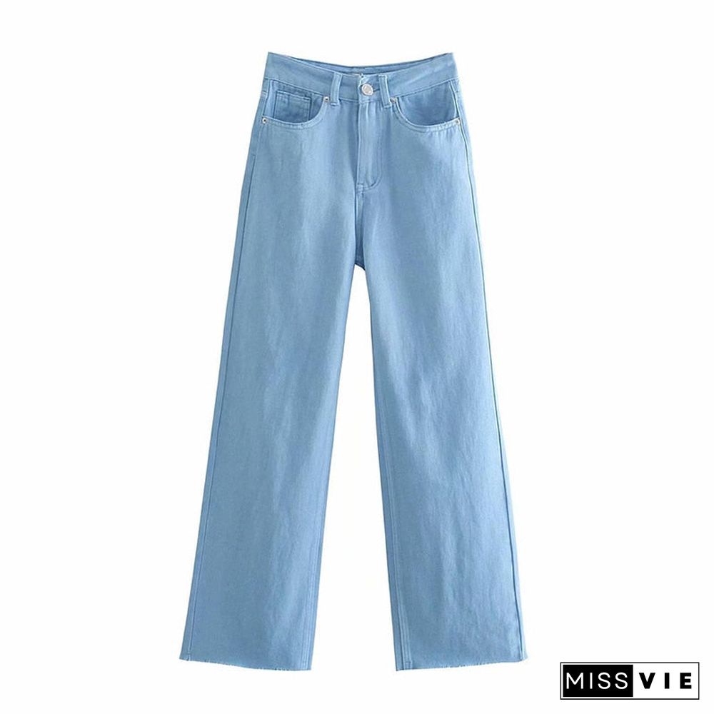 Spring Autumn Women Vintage Blue Pink Denim Trousers Casual Solid Pockets High Waist Straight Jeans Pants Ladies Mujer