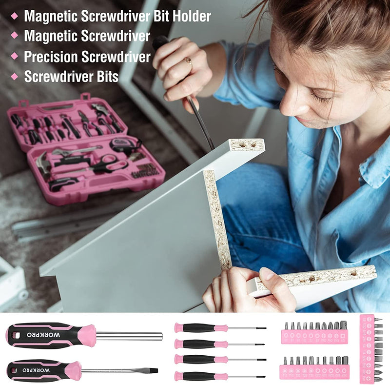 WORKPRO 52-Piece Pink Tools Set， Household Lady Tool Kit with Storage