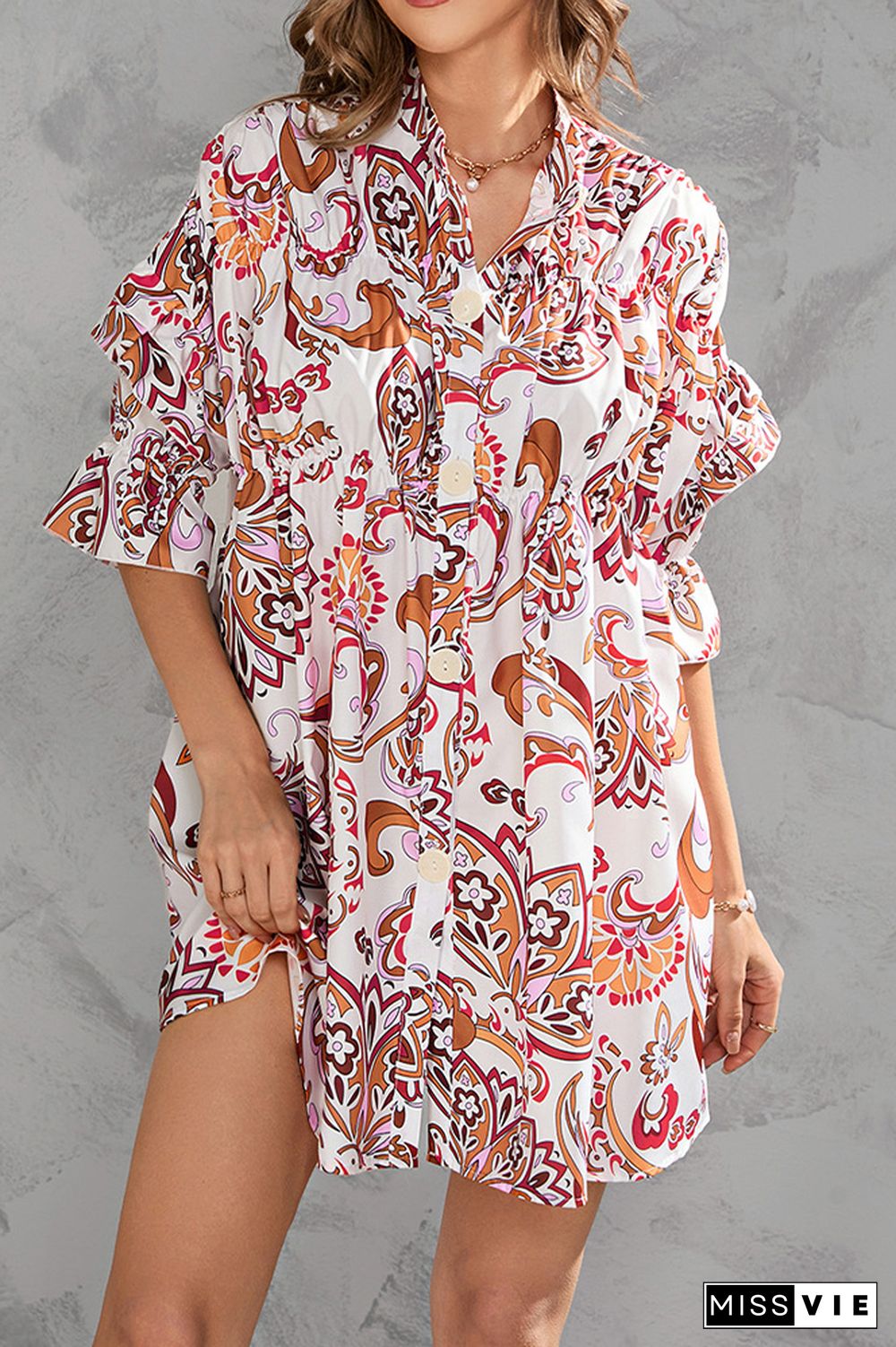 Half Sleeves Floral Button Up SHirt Dress