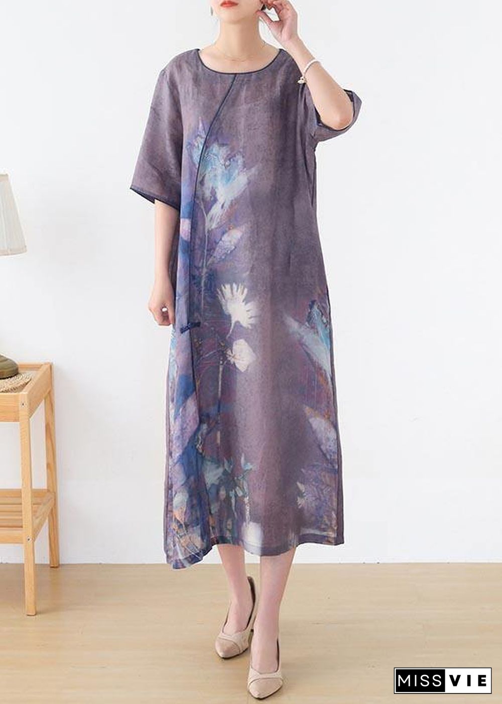 Elegant Purple Print O-Neck Maxi Summer Linen Dress