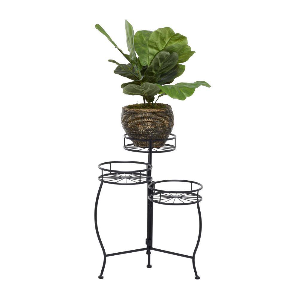 Litton Lane 22 in. Black Round Metal Sunburst Plantstand with 3-Tiers 040548