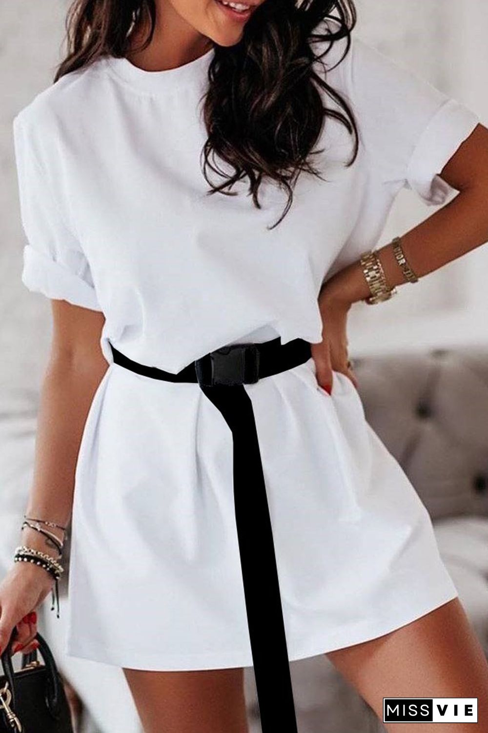 Casual Solid Basic With Belt O Neck T-shirt Dress Dresses