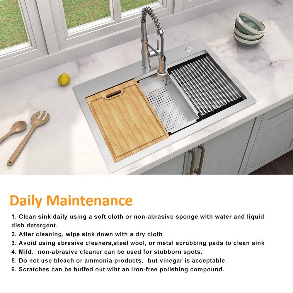 Glacier Bay AIO 33 in. Drop-inUndermount Single Bowl 18 Gauge Stainless Steel Workstation Kitchen Sink with FaucetCutting Board 4332F