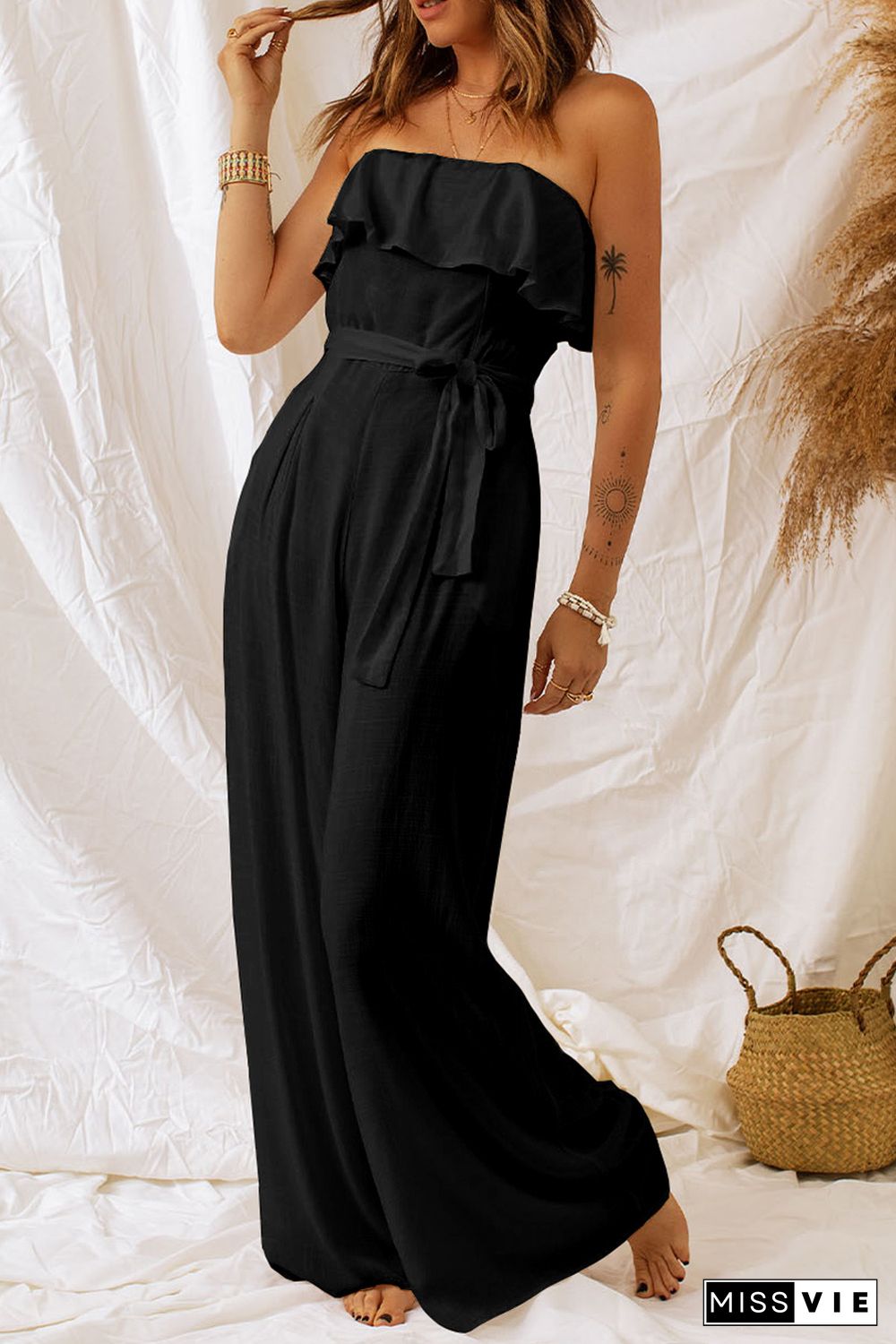 Black White Ruffled Bandeau Wide Leg Jumpsuit