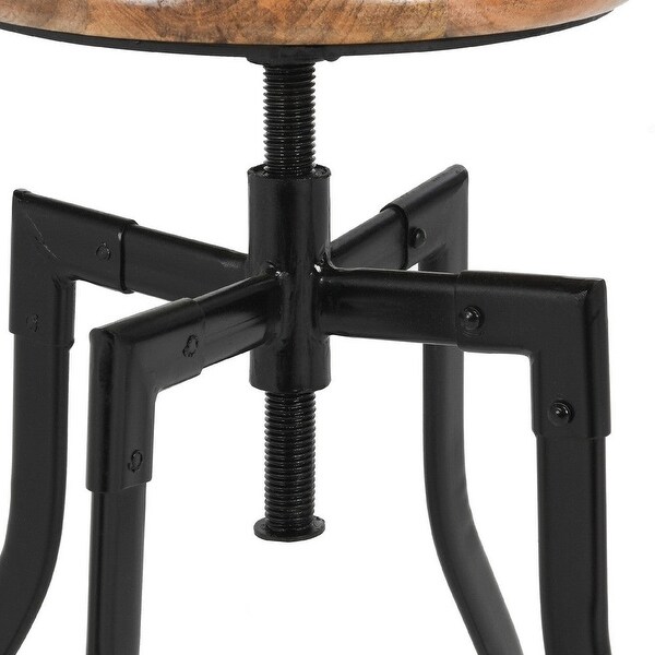 29 Inch Industrial Adjustable Barstool， Wood Seat， Set of 2， Honey Brown