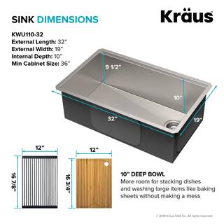 KRAUS Kore Workstation 32-inch Undermount 16 Gauge Single Bowl Stainless Steel Kitchen Sink with Accessories (Pack of 5) KWU110-32