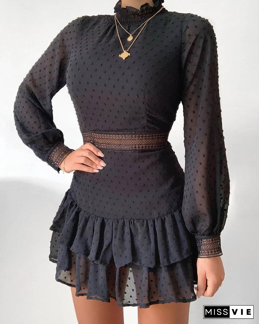 Swiss Dot Guipure Lace Lantern Sleeve Ruffles Dress P15854