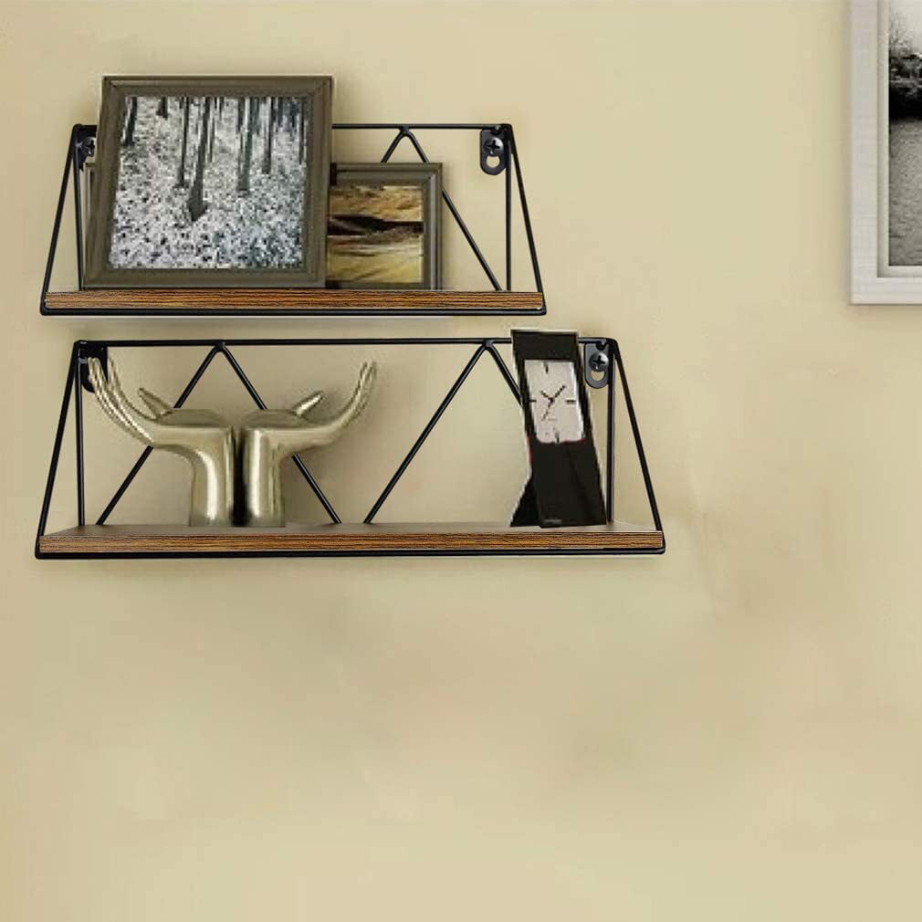 Floating Wall Shelves Set of 2, Brown Storage Shelf with Black Metal Brackets for Bedroom, Bathroom, Living Room, Kitchen and Office