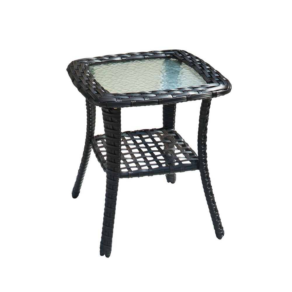 OVIOS Patio Outdoor Wicker Side Table with Glass Top