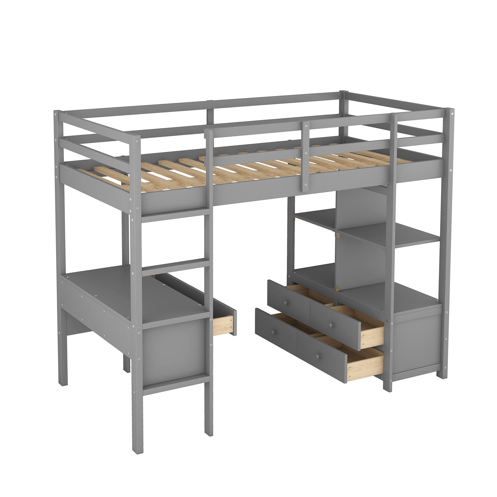 Twin Size Wood Loft Bed with Desk, Drawers and Shelf for Kids Room, Gray