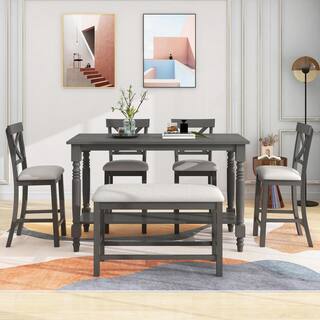 Qualler Gray 6-Piece Wood Top Dining Table with 4 Chairs and Bench DTM000064E