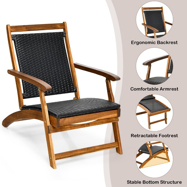 Costway Patio Folding Rattan Lounge Chair Wooden Frame W Retractable Footrest