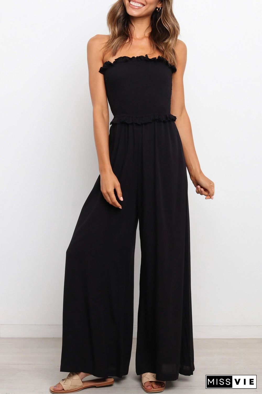 Black Smocked Bandeau Wide Leg Jumpsuit