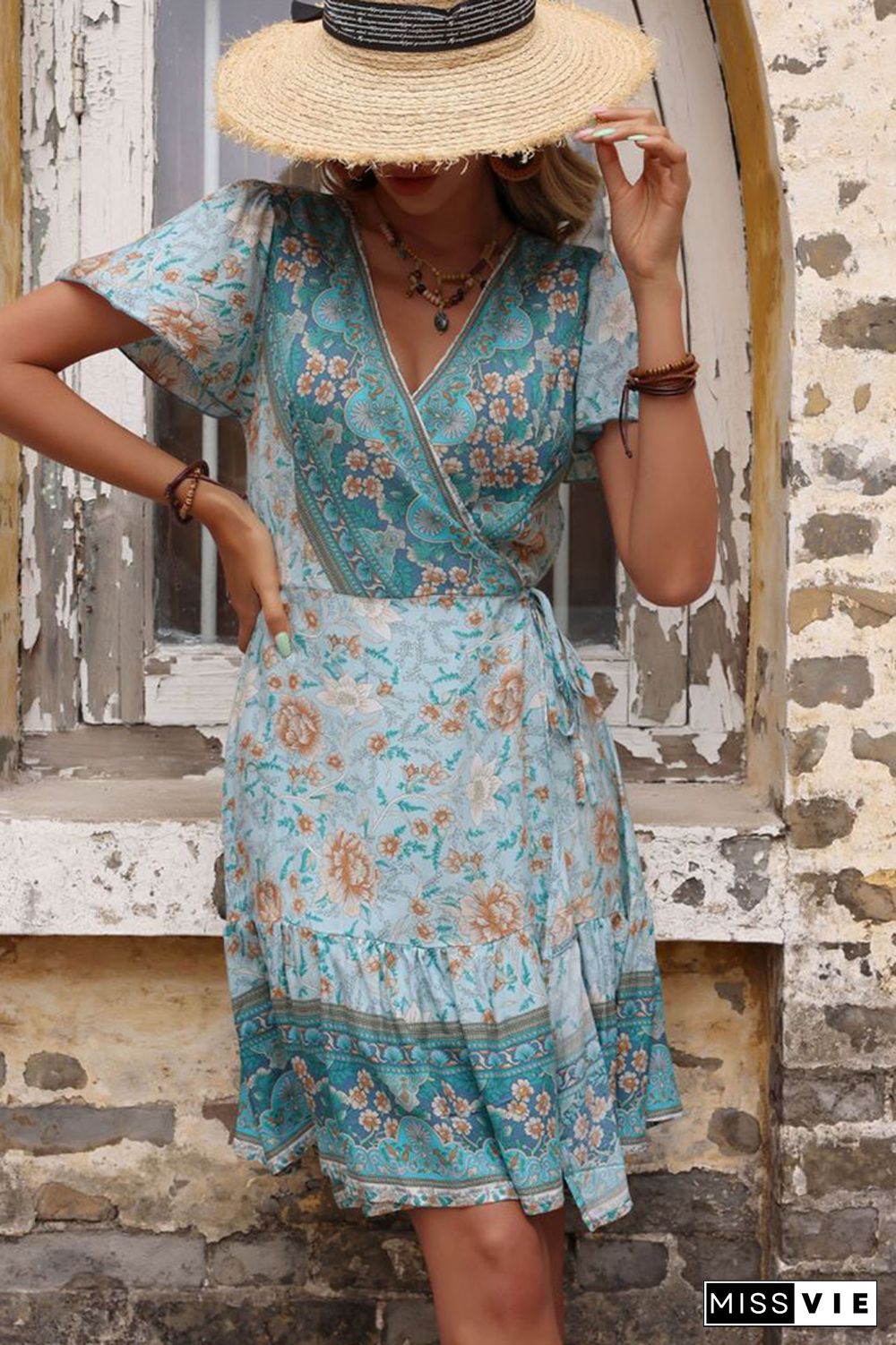 Green Floral V Neck Dress Wholesale