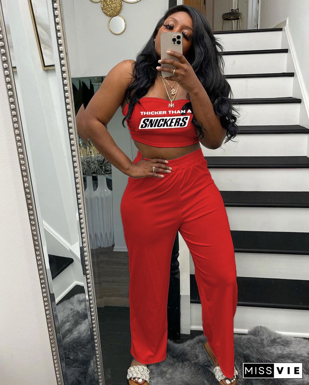 Strapless Crop Top Wide Leg Pants Two Piece Set