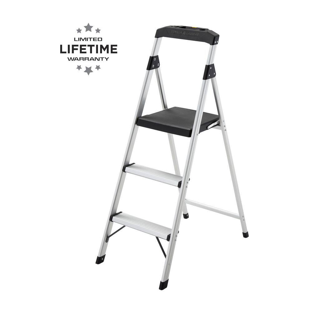 Gorilla Ladders 3-Step Aluminum Step Stool Ladder 250 lbs. Type I Duty Rating (9ft. Reach Height) GLA-3-2