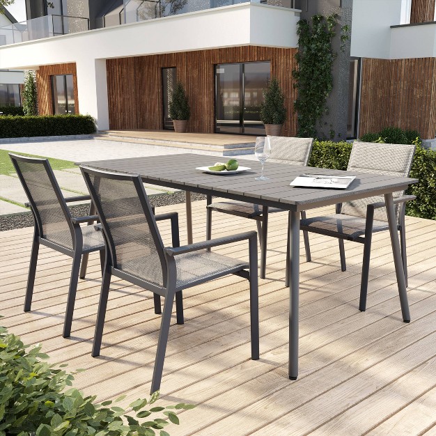 Outdoor Aluminum Rectangular Dining Table With Faux Wood Top Gray Crestlive Products