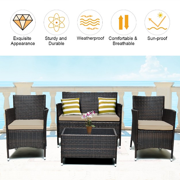 Costway 4pcs Rattan Patio Furniture Set Cushioned Sofa Chair Coffee Table Garden