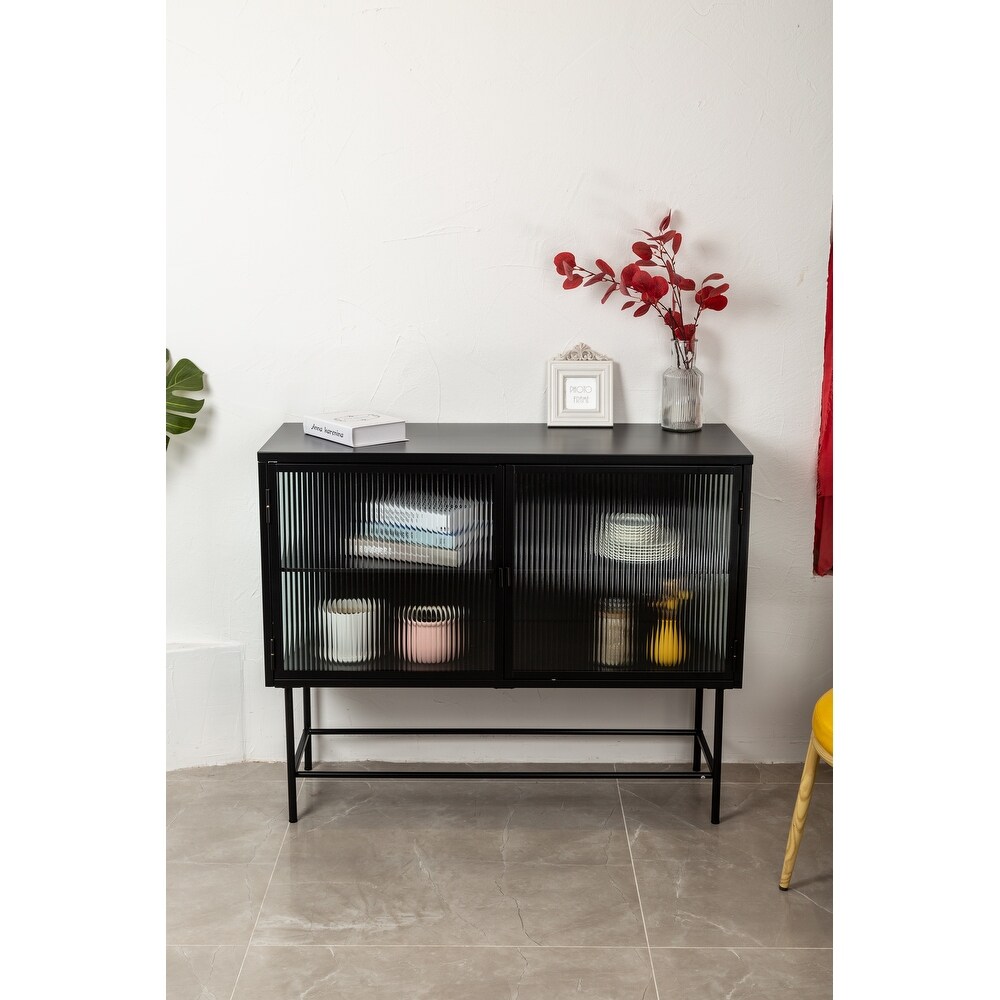 Retro Style Fluted Glass Sideboard Storage Cabinet