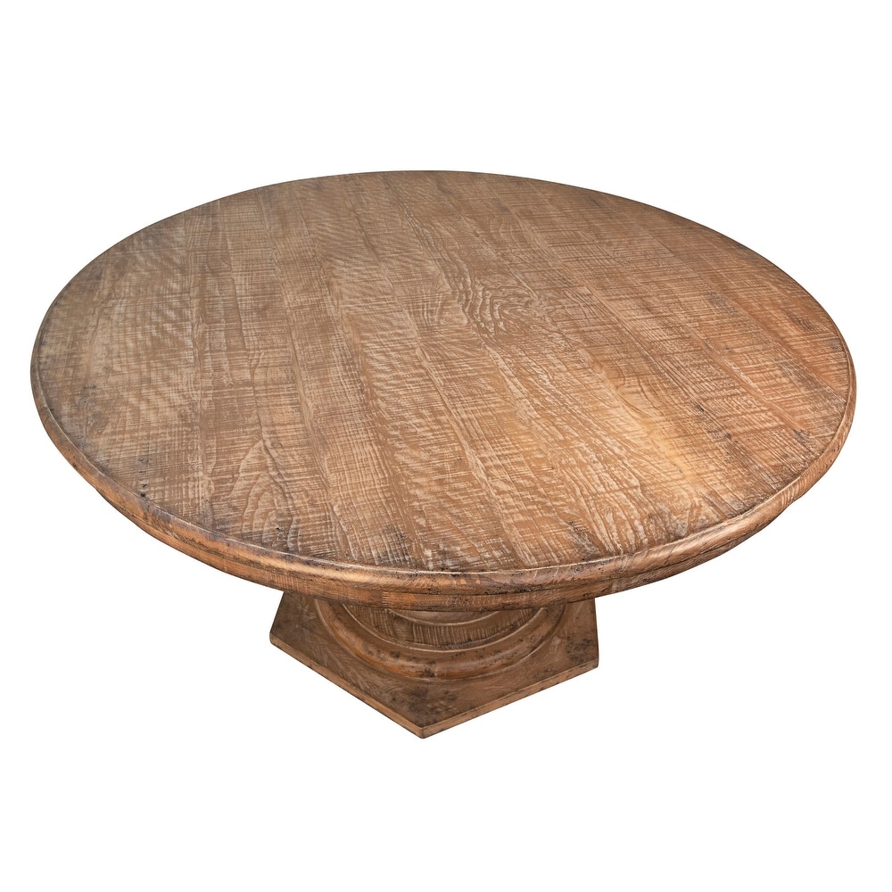 Nico 59 inch Round Reclaimed Pine Antique Natural Carved Pedestal Dining Table