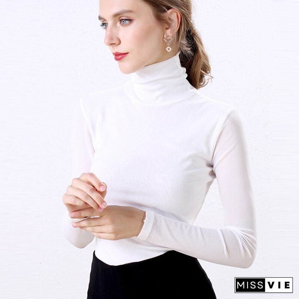 Christmas Gift Turtleneck Blouse Women Basic Knitted Fashion Tops Long Sleeve Women Casual Blusa Femme Slim Ladies Plus Size Red Blue