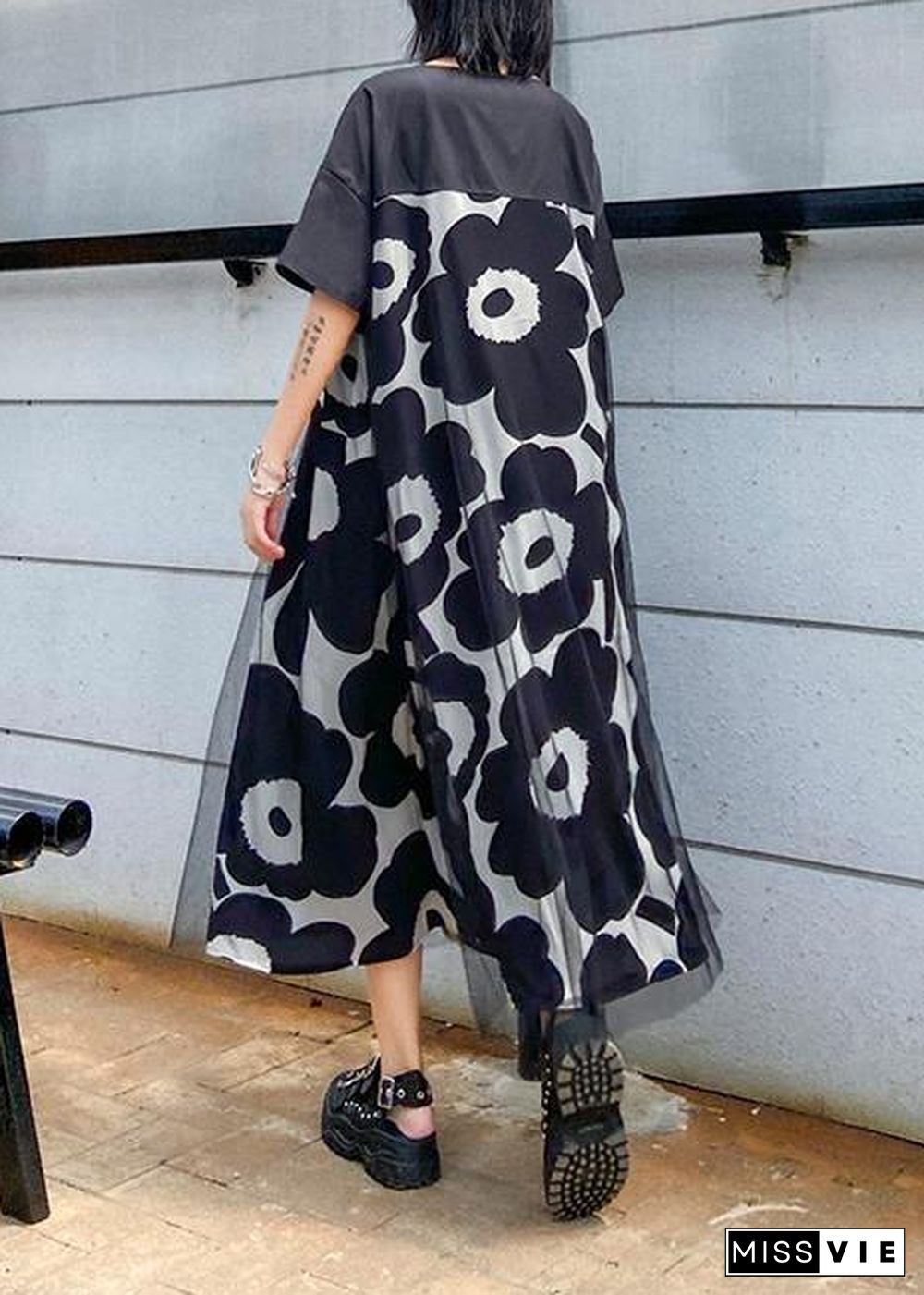 Chic black print quilting clothes o neck patchwork Maxi Dress