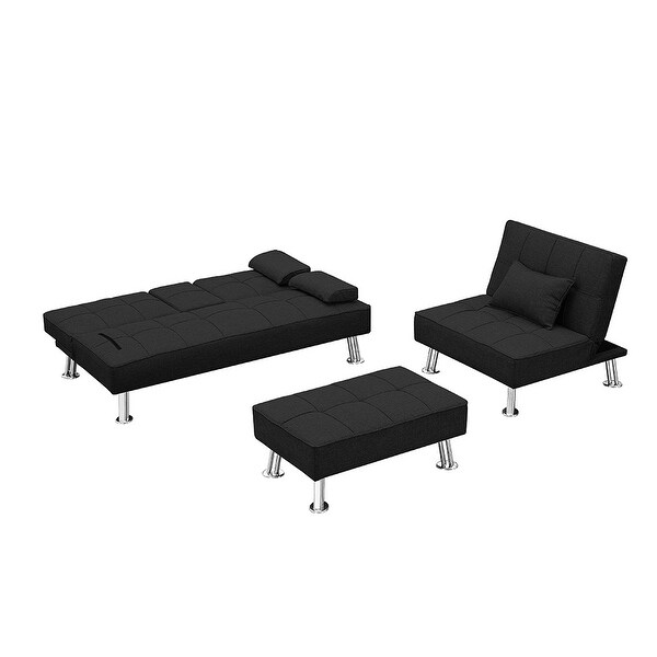 3 pcs Fabric Folding Sofa Set with Loveseat with 2 cup holder，Single Sofa Bed and Ottoman