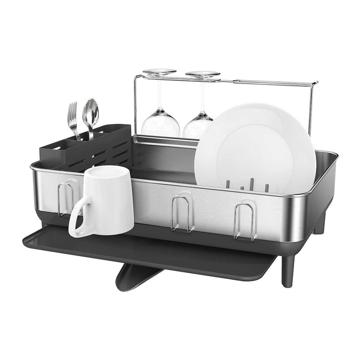 simplehuman Kitchen Dish Drying Rack with Swivel Spout， Dishrack and Sink Caddy