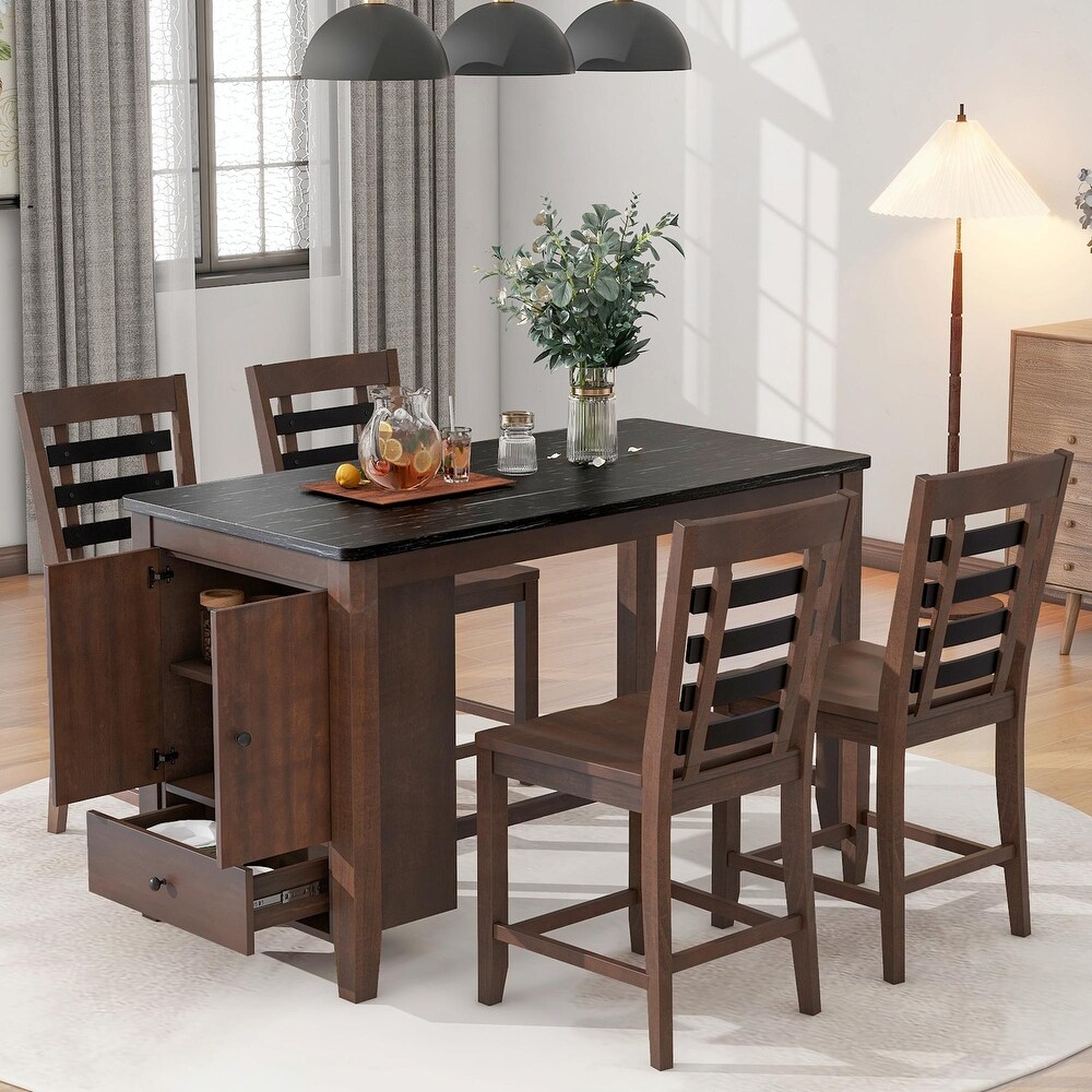 5 Piece Dining Set with Faux Marble Tabletop  Solid Wood  and Storage