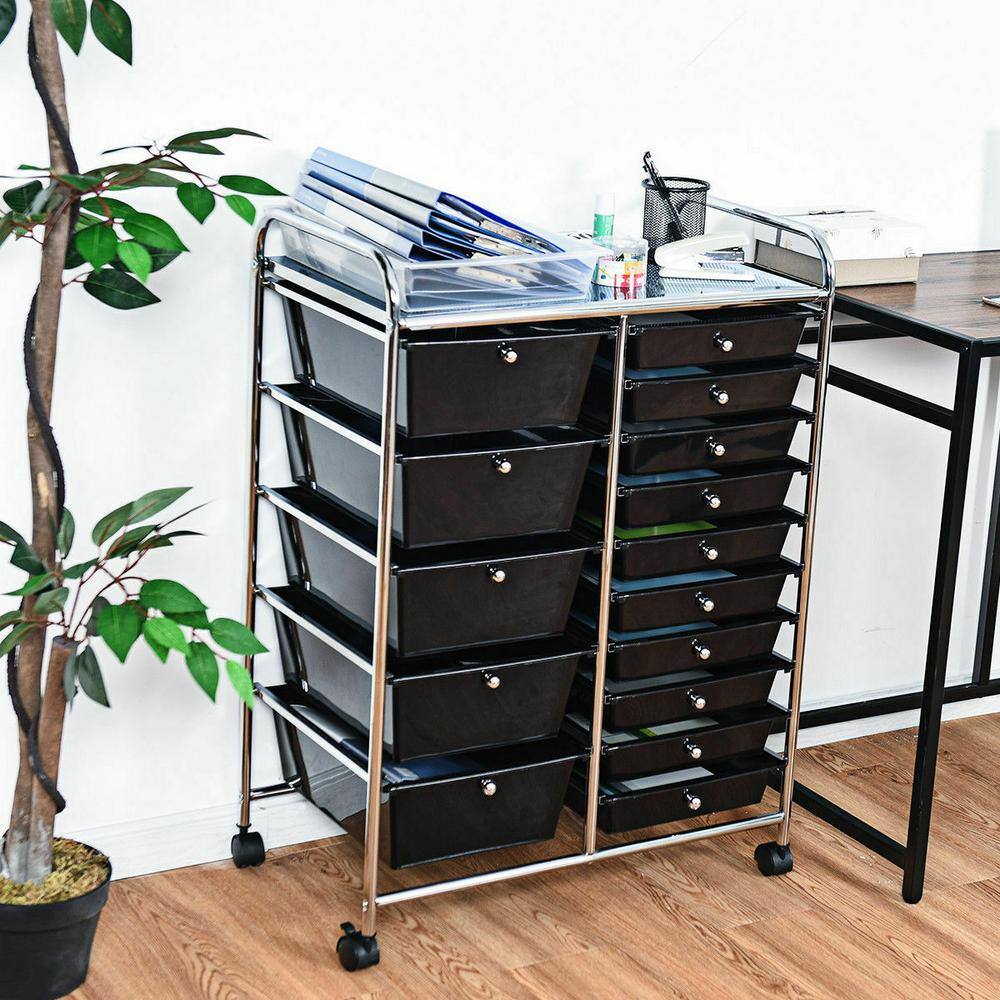 Costway 15-Drawer 4-Wheeled Rolling Storage Cart Tools Scrapbook Paper Office School Organizer in Black HW53825BK