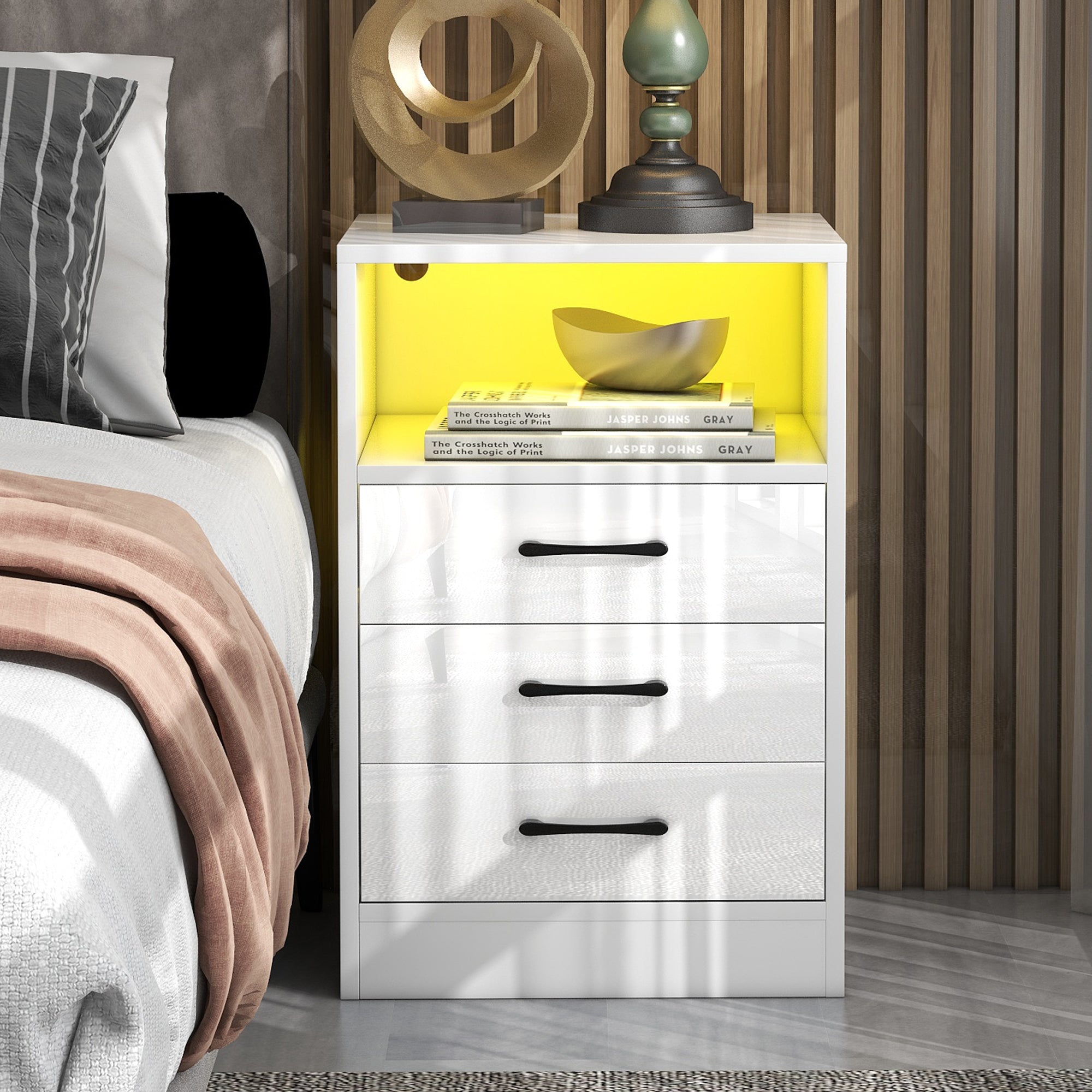 Suzicca Nightstand with 3 Drawers and Cabinet,USB Charging Ports and ,White