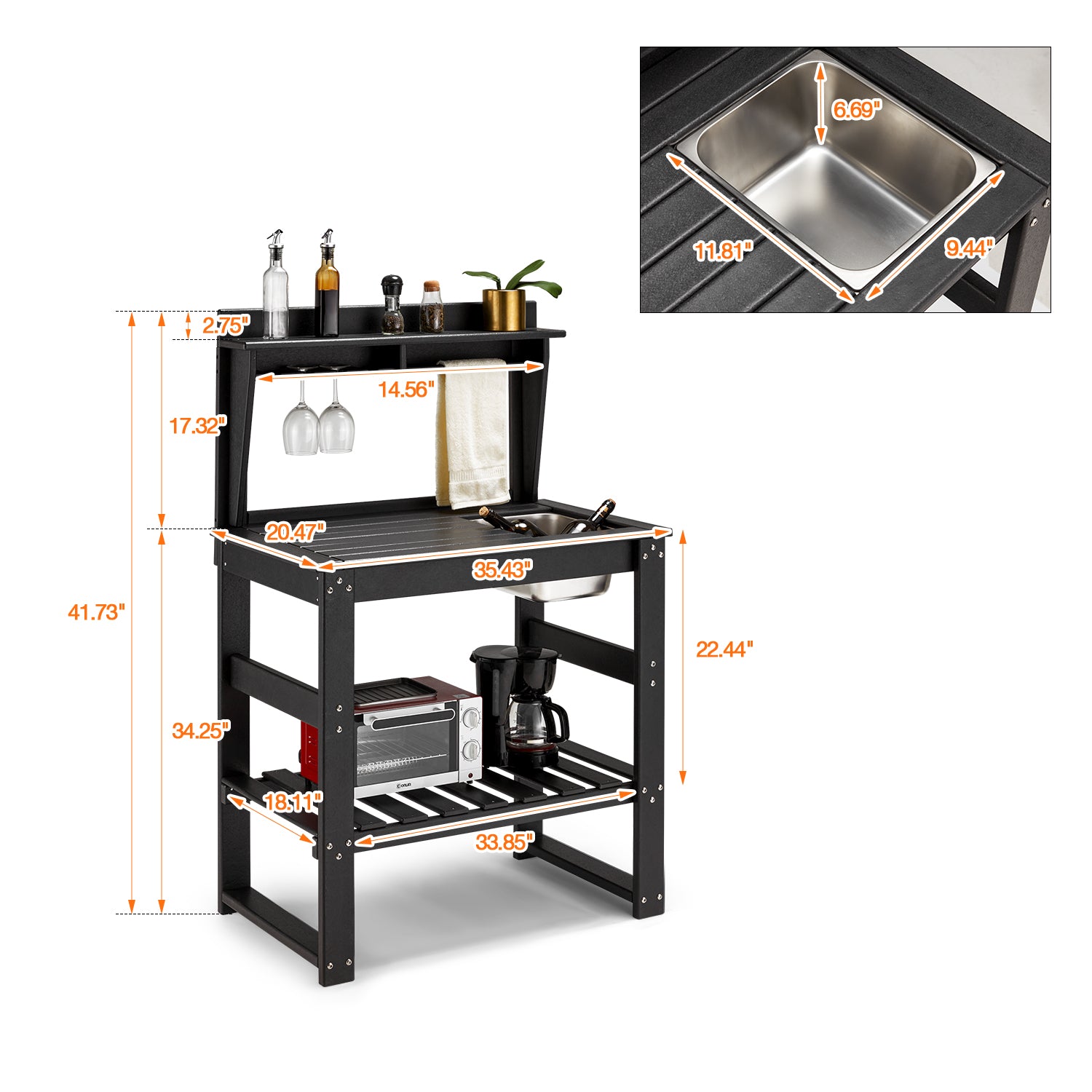 Yoleny HDPE Potting Bench Table, Outdoor Gardening Work Bench w/Sink, Rack, Cup Holder, Wooden Texture Work Station Table for Kitchen with Storage Shelves