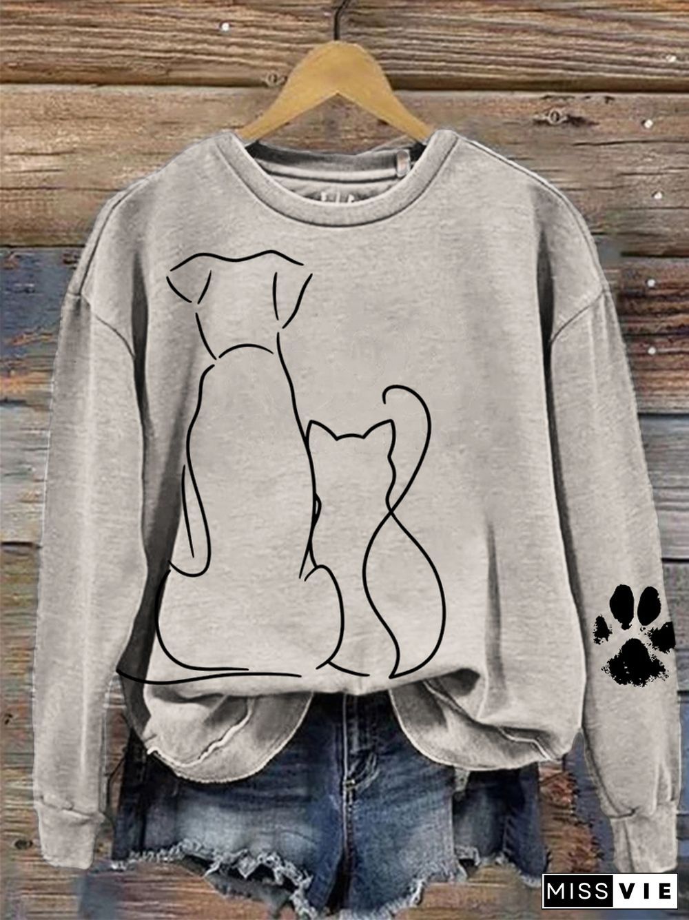 Cat & Dog Line Art Paw Print Comfy Sweatshirt