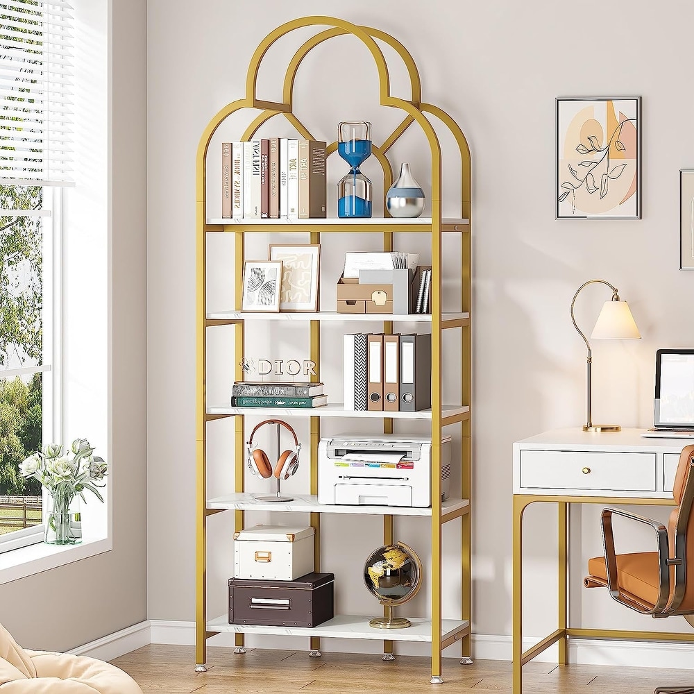 5 Tier White Bookshelf  Tall Bookcase with 5 Display Shelves for Living Room