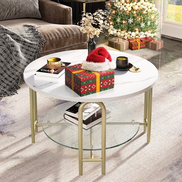 Round Coffee Table with Glass White Marble Top Gold Frame