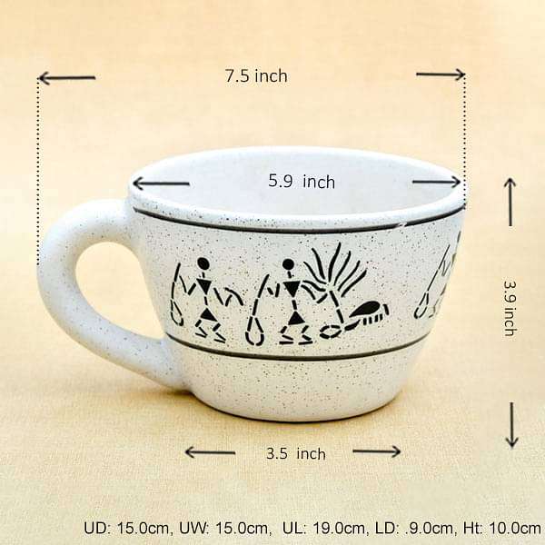 5.9 inch (15 cm) Warli Painting Cup Marble Finish Round Ceramic Pot (White) (set of 2)