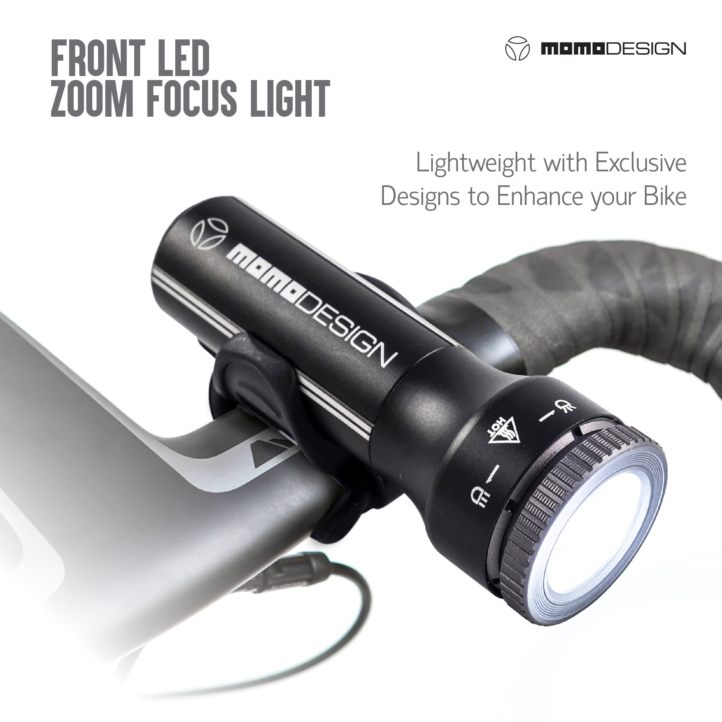 MOMODESIGN Bike Light • Zoom LED USB Rechargeable Headlight • Bright Nightvision for Safety • Water Resistant • Universal Fit • 300 Lumens • Charging time: 2-3 Hours • Runtime 7 Hours Low Mode