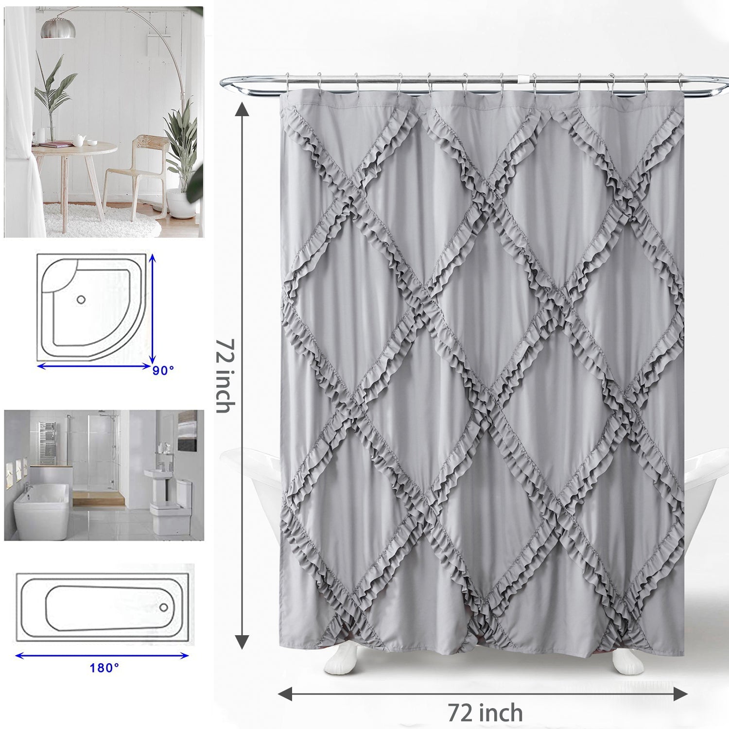 HIG Luxurious Farmhouse Unique Ruffle Cloth Fabric Shower Curtain 72x72 Extra Long Bathroom Curtain