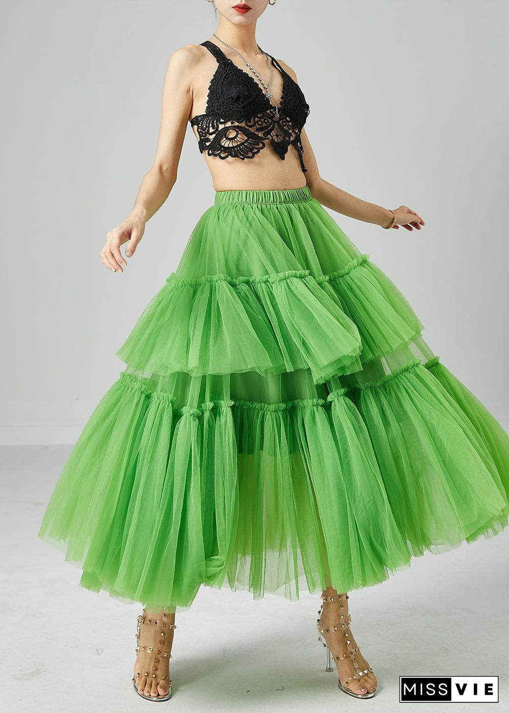 Boho Green Elastic Waist Patchwork Wrinkled Tulle Skirts Summer