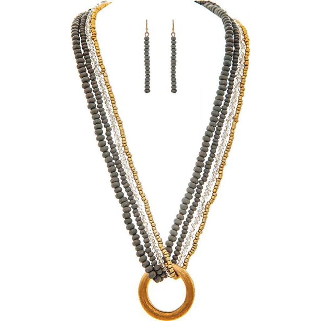 Rain  Gold Ring Grey Bead Layered Necklace Set