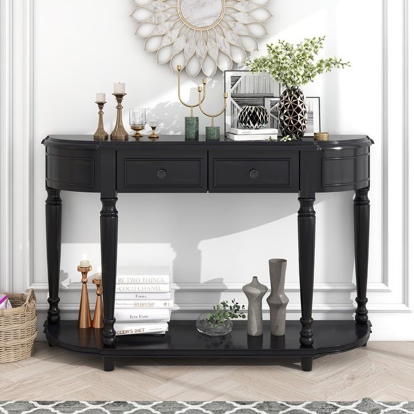 Romanesque Curved Entryway Table Console Table， Solid Wood Side Table with 2 Top Drawers and Open Shelf for Living Room Entryway