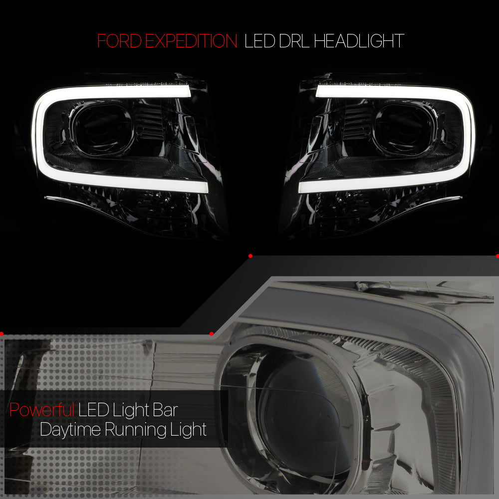 Smoke *LED BAR DRL* Projector Headlight Amber Signal for 07-14 Ford Expedition 08 09 10 11 12 13