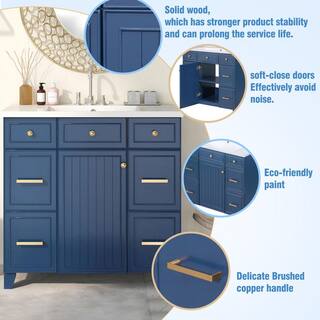 Aoibox 36 in. W x 18 in. D x 34 in. H Freestanding Bathroom Vanity Cabinet in Navy Blue with White Sink Top SNMX4439