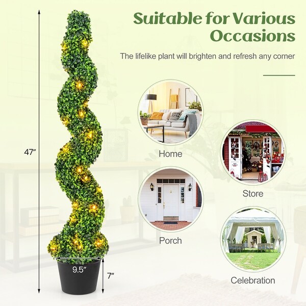 Gymax 47'' PreLit Artificial Boxwood Spiral Topiary Tree Set of 2 w/