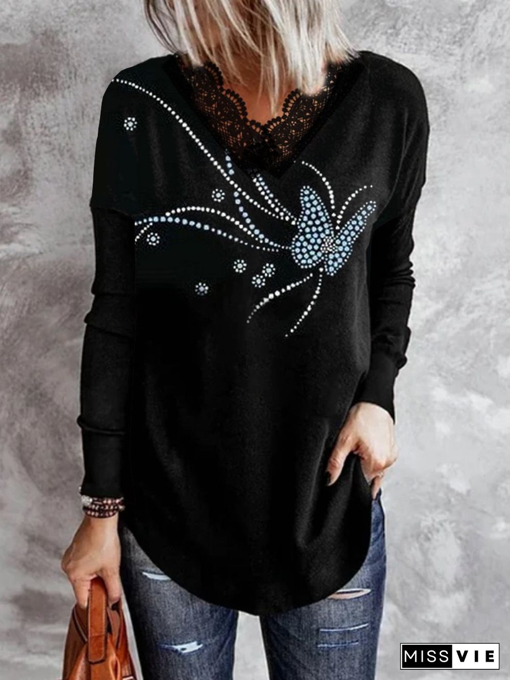 V Neck Long Sleeve Butterfly T-shirt