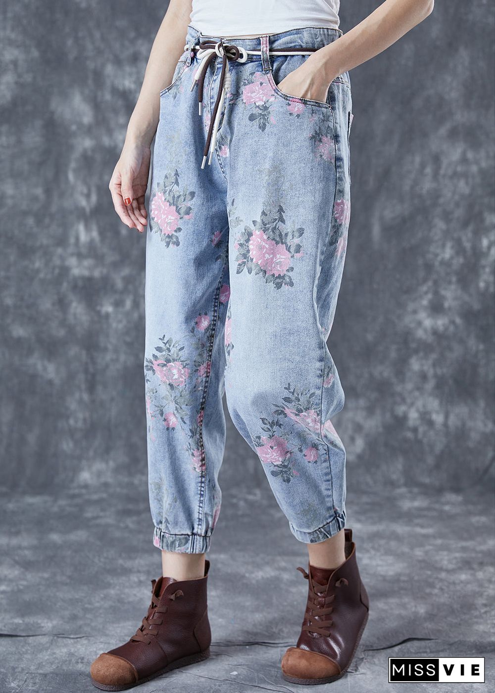 Women Light Blue Elastic Waist Print Denim Harem Pants Summer