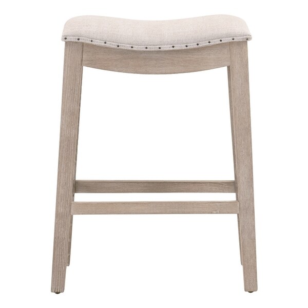 27 Inch Coastal Counter Height Wood Stool， Nailhead Trim Fabric Seat， Gray